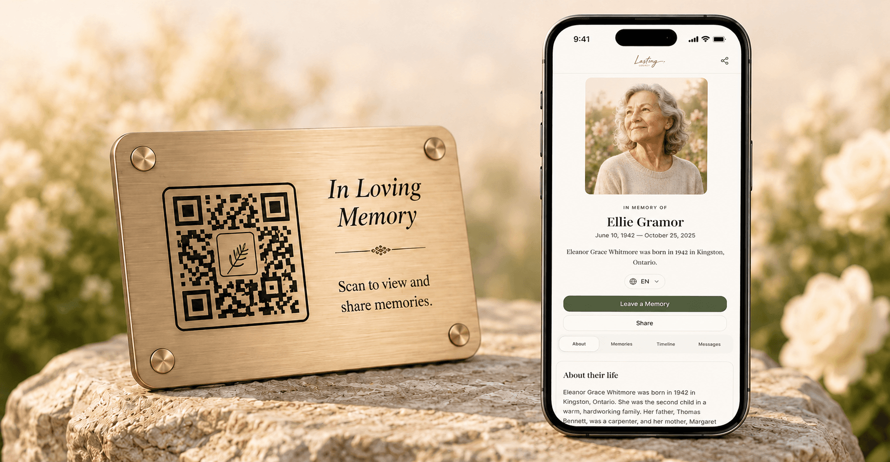 A memorial QR plaque beside a phone displaying a digital memorial profile