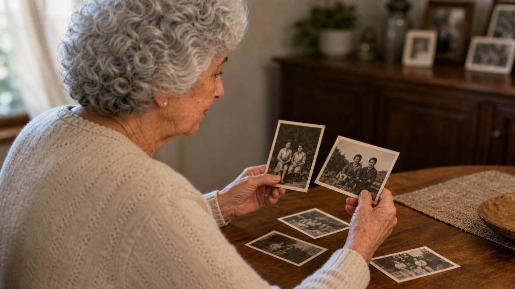 An older woman looking through cherished family photographs at her table